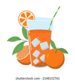 Natural orange juice in a glass with a straw. Fresh squeezed juice with oranges. Healthy organic food. Vector cartoon flat illustration Isolated on white background.