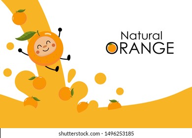 Natural orange juice splash with cute fruit cartoon character. Organic healthy drink with high vitamin C background. -Vector