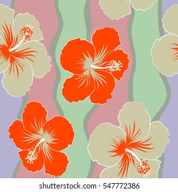 Natural orange and neutral hibiscus seamless pattern. Summer design. Seamless floral pattern can be used for wallpaper, website background, wrapping paper. Vector flower concept.