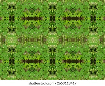 A natural and organic abstract pattern created from the fresh green leaves of the Moringa (Kelor) tree. The intricate and somewhat symmetrical arrangement of the tiny leaflets forms a dense, textured 