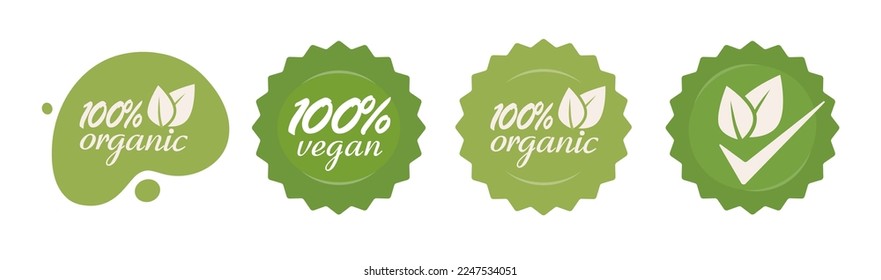 Natural organic additives icon label food badge vector set or vegan eco green 100% nutrition meal seal sticker emblem, product package design clipart, healthy cosmetics stamp, preservative free button