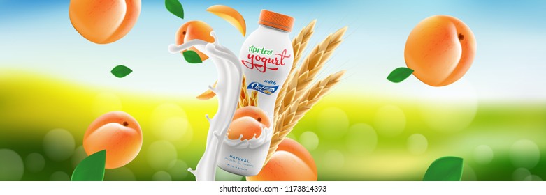 Natural organic apricot yogurt with oats bottle on bright nature background, ready for branding and commercial use, flyer realistic illustration