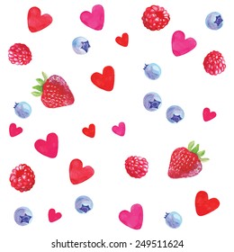 Natural organic berries seamless pattern with strawberry, raspberry, blueberry. Watercolor. Hand drawn.