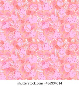 Natural organic berries seamless pattern with hand drawing strawberry and raspberry vector illustration. Delicate pink background.