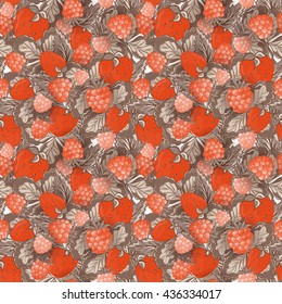 Natural organic berries seamless pattern with hand drawing strawberry and raspberry vector illustration. Orange brown background.