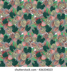 Natural organic berries seamless pattern with hand drawing strawberry and raspberry vector illustration. Dark green pink background.