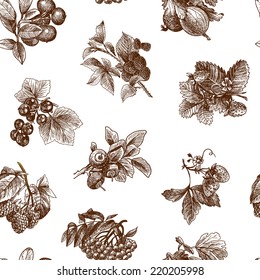 Natural organic berries set of strawberry blackberry cranberry sketch seamless pattern vector illustration