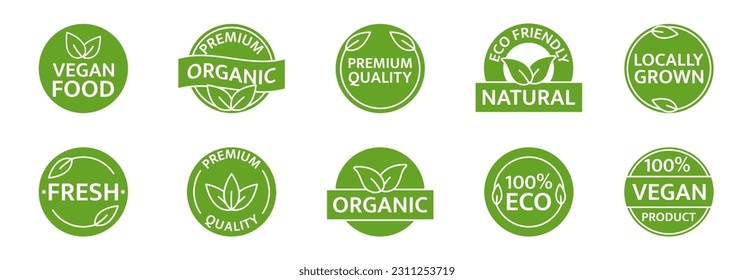 Natural, organic, bio product icon set. Healthy vegan food label. Eco friendly tag. Farm fresh, locally grown badges. Gmo free. Beauty product. Sustainable life. Premium quality. Vector illustration.