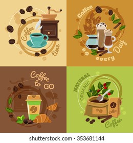 Natural organic coffee for daily consumption 4 flat icons composition square concept banner abstract isolated vector illustration