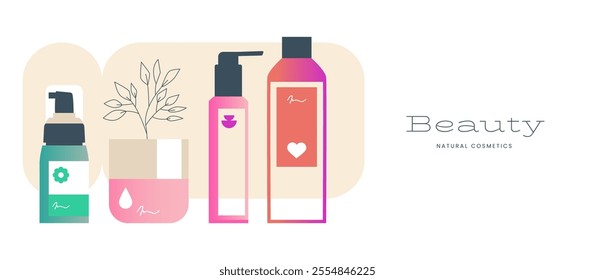 Natural organic cosmetic banner. Bottles, jars, tubes of lotion, cream, scrub, gel in bright color eco friendly packaging. Flat vector cartoon illustration