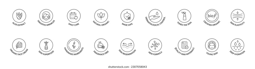 Natural organic cosmetic. Bio product sticker. Cosmetic line icon set. Skin superfood. Certified organic. GMO free. Product free allergen label. Dermatological control. Vegan. Vector illustration.