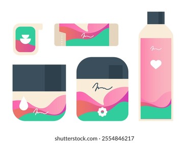 Natural organic cosmetic. Bottles, jars, tubes of lotion, cream, scrub, gel in bright color eco friendly packaging. Flat vector cartoon illustration isolated on white background