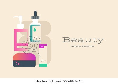 Natural organic cosmetic composition with bottles. Jars, tubes of lotion, cream, scrub, gel in bright color eco friendly packaging. Flat vector cartoon illustration.