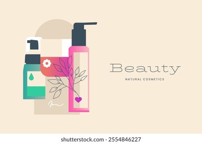 Natural organic cosmetic composition with bottles. Jars, tubes of lotion, cream, scrub, gel in bright color eco friendly packaging. Flat vector cartoon illustration.