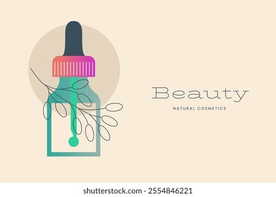 Natural organic cosmetic composition with serum. Bottles, Jars, tubes of lotion, cream, scrub, gel in bright color eco friendly packaging. Flat vector cartoon illustration.