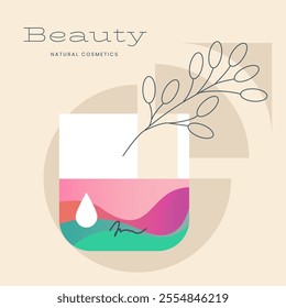 Natural organic cosmetic cream banner. Bottles, jars, tubes of lotion, cream, scrub, gel in bright color eco friendly packaging. Flat vector cartoon illustration for social media post or ad.