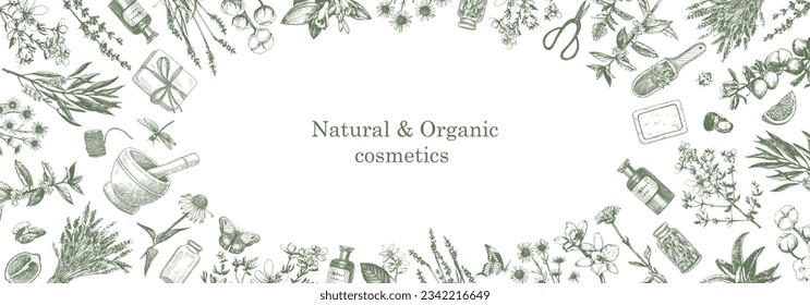 Natural and Organic Cosmetic. Herbs. Hand-drawn illustration of plants and objects. Ink. Vector