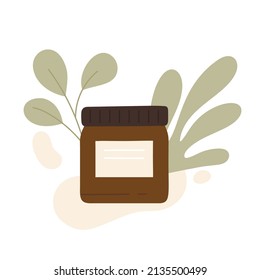 Natural organic cosmetic with leaves. Eco beauty product, cream, gel in bottles in eco friendly packaging. Skin care routine concept. Vector illustration in cartoon style. Isolated on white background