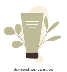Natural organic cosmetic with leaves. Eco beauty product, cream, gel in bottles in eco friendly packaging. Skin care routine concept. Vector illustration in cartoon style. Isolated on white background