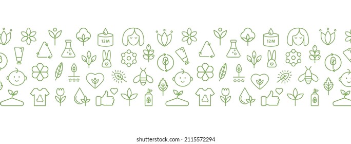 Natural and organic cosmetic line icon on long banner. GMO free. Recycle, reuse, reduce logo. Beauty product. Hypoallergenic, safe for children, clean, non toxic. Eco, vegan, bio. Vector illustration.