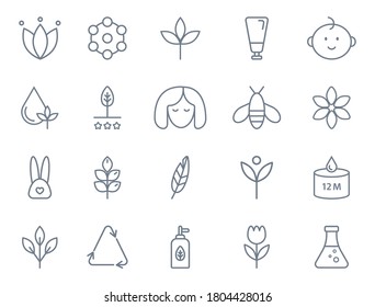 Natural organic cosmetic line icons big set. Hypoallergenic, safe for children, clean cosmetic, cruelty free, non toxic. Organic products badges. Vegan, bio food. GMO free emblem. Vector illustration.