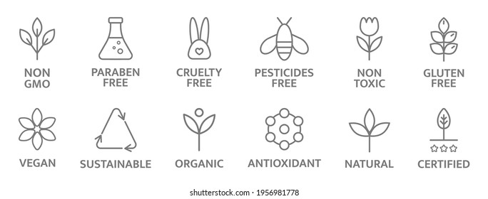 Natural and organic cosmetic line icons. Allergen free badges. Non toxic logo. Skincare symbol. Beauty product. Gluten and paraben free cosmetic. Eco, vegan label. Sensitive skin. Vector illustration.