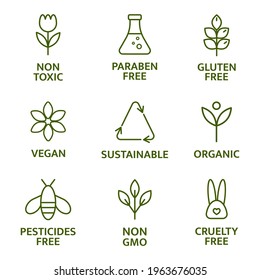 Natural and organic cosmetic line icons. Beauty product. Gluten and paraben free cosmetic. Allergen free badges. Non toxic logo. Skincare symbol. Eco, vegan label. Sensitive skin. Vector illustration.