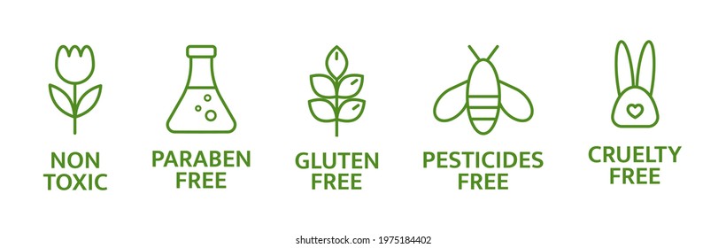 Natural and organic cosmetic line icons. Skincare symbol. Allergen free badges. Beauty product. Gluten and paraben free cosmetic. Non toxic logo. Eco, vegan label. Sensitive skin. Vector illustration.