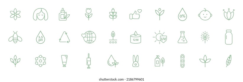 Natural, Organic Cosmetic Line Icons. Vegan Food. Skincare Pictogram. Product Free Allergen Label. GMO Free Emblem. Biodegradable Sticker. Healthy Eating. Handmade Ecology Symbol. Vector Illustration.