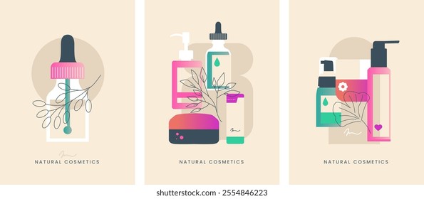 Natural organic cosmetic posters set. Bottles, jars, tubes of lotion, cream, scrub, serum, gel in bright color eco friendly packaging. Flat vector cartoon illustration.