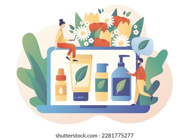 Natural organic cosmetic products in bottles, jars, tubes for skincare and hair care on laptop screen. Organic cosmetics concept. Modern flat cartoon style. Vector illustration on white background