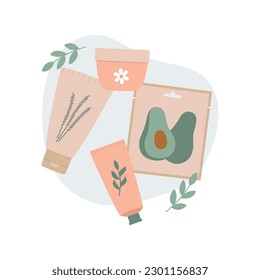 Natural organic cosmetic products. Face cream, sheet mask, tubes and leaves. Vector illustration