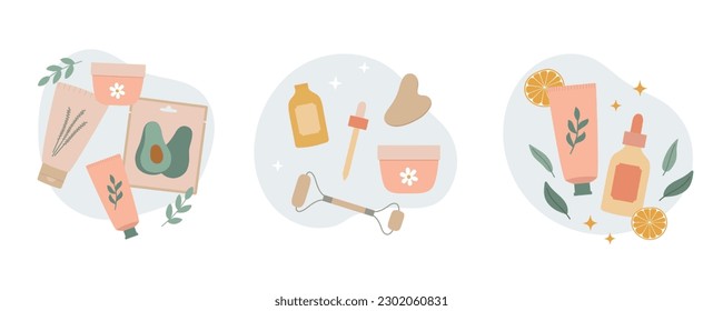 Natural organic cosmetic products. Face cream, sheet mask, tubes, bottles and leaves. Vector illustration