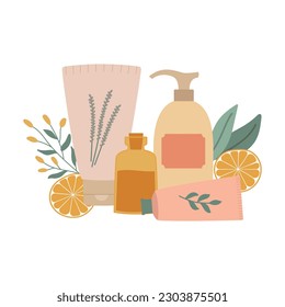 Natural organic cosmetic products. Tubes, bottles, orange slices and leaves. Isolated vector illustration