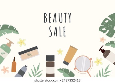 Ilustración de concepto de vector plano de venta cosmética orgánica natural. Maquillaje vegano. Productos de belleza y cuidado de la piel ecológicos a base de hierbas para compras en línea. Banner promocional o página de destino