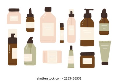 Natural organic cosmetic set. Eco beauty products in bottles, jars or tubes  in eco friendly packaging. Skin care routine concept. Vector illustration in cartoon style. Isolated on white background.