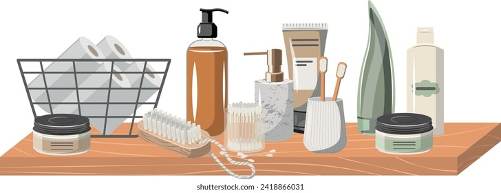 Natural organic cosmetic standing on shelf. Bottles, jars, tubes of lotion, cream, oil, scrub, serum, gel in eco friendly packaging. Flat vector cartoon illustration isolated on white background