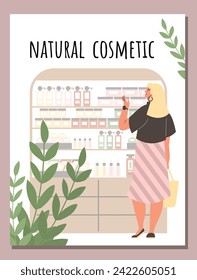 Natural organic cosmetic store banner or flyer template. Banner backdrop with woman in supermarket with natural cosmetics, cartoon flat vector illustration.