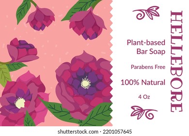 Natural and organic cosmetics, Banner or emblem for product package. Plant based bar soap, parabens free and 100 percent safe. Hellebore flower scent and fragrance aroma. Vector in flat style