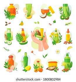 Natural organic cosmetics labels and badges for health care, set of vector illustrations. Natural oils products for spa and wellness, beauty and healthy life. Cosmetical icons. Cosmeticisian stickers.