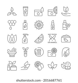 Natural and organic cosmetics outline vector line icons set. Skincare, no synthetic fragrance and colors, no animal testing. Editable stroke. Set of flat cartoon vector illustrations isolated on white