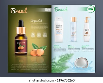 Natural Organic Cosmetics Products for Skin Care Promotion Catalog Realistic Vector Template with Branded Argan Oil, Shampoo, Lotion and Cosmetic Milk. Beauty Magazine, Advertising Booklet or Brochure