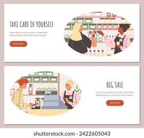 Natural organic cosmetics and skincare products store banner or flyer templates collection, flat vector illustration. Sustainable cosmetics for beauty and personal care.