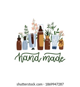 Natural organic cosmetics standing on white background. Bottles, jars, tubes of lotion, cream, oil, scrub, serum, gel in eco friendly packaging. Flat vector illustration with lettering text - hand