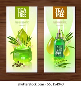 Natural organic cosmetics with tea tree oil vertical realistic banners isolate on wooden surface background vector illustration