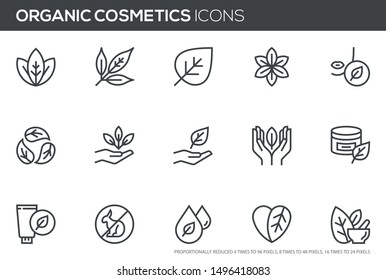 Natural and organic cosmetics vector line icons set. Skincare, no synthetic fragrance and colors, no animal testing. Editable stroke. Perfect pixel icons, such can be scaled to 24, 48, 96 pixels.