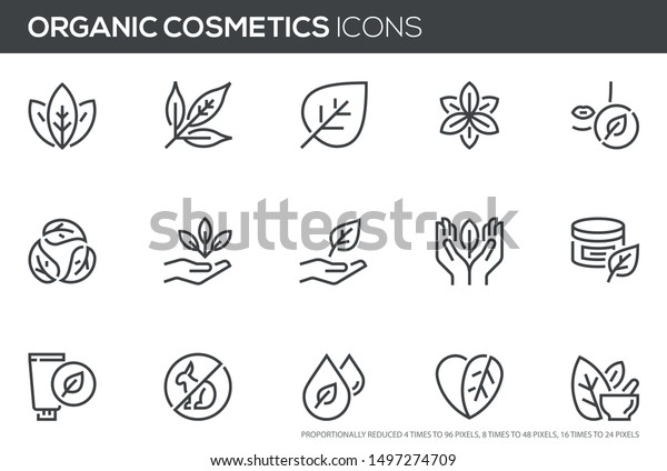 Natural and organic cosmetics vector line icons
set. Skincare, no synthetic fragrance and colors, no animal
testing. Editable stroke. Perfect pixel icons, such can be scaled
to 24, 48, 96 pixels.