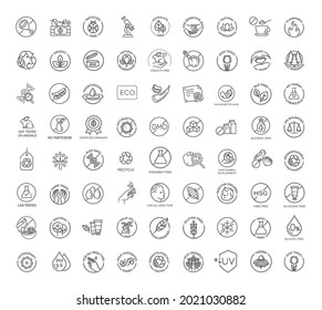 Natural Organic Cosmetics, Vegan Food Symbols. Natural Food Flat Line Icons Set. Thin Signs For Packaging