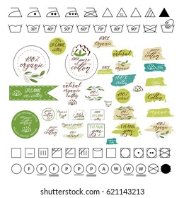 
Natural organic cotton, clean cotton vector stickers. Hand-drawn, typographic style icons or icons, stickers, signs. Isolated on white background. - share vector