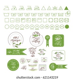 
Natural organic cotton, clean cotton vector stickers. Hand-drawn, typographic style icons or icons, stickers, signs. Isolated on white background. - share vector